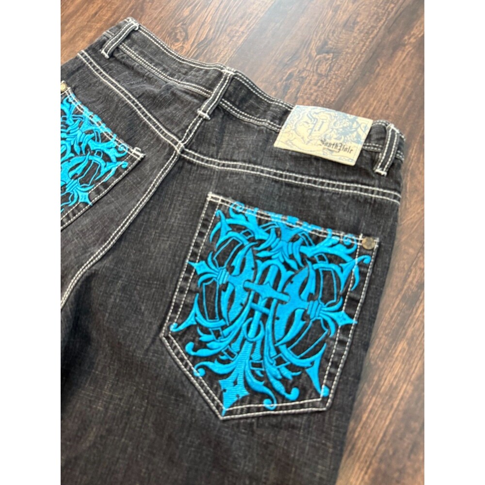 Southpole Crazy Сross Blue Patterns Embroidered Denim Shorts Sz 36 W34" Vintage